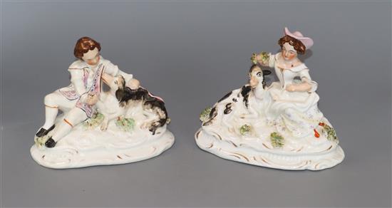 A pair of Staffordshire porcelain groups of a shepherd and his dog and a goatherdess and a goat, c.1840-50, H. 12.5cm